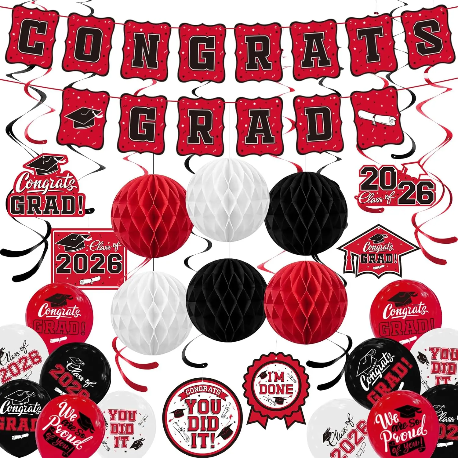 2026 Graduation Party Supplies Kit - Red Decor Set with Congrats Grad Banner, Class of 2026 Hanging Swirls, Graduation Balloons, Honeycomb Balls - Ideal for High School Events