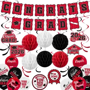 2026 Graduation Party Supplies Kit - Grad Decor Set with Congrats Grad Banner, Class of 2026 Hanging Swirls, Graduation Balloons & Honeycomb Balls - Ideal for High School & College Celebrations(Red)
