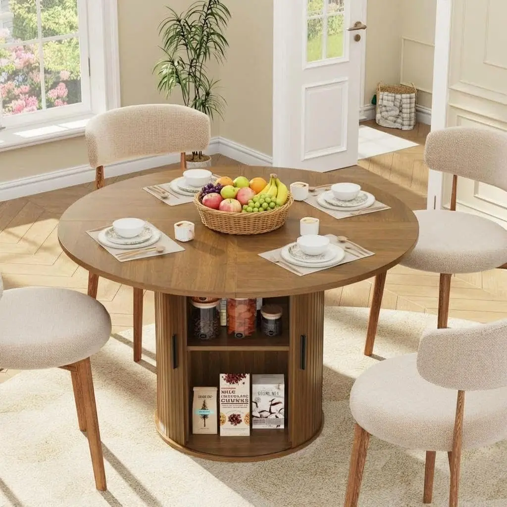 47" Round Dining Table for 4, Walnut – Farmhouse Kitchen Table with 2-Layer Storage Shelf & Wood Slide Door
