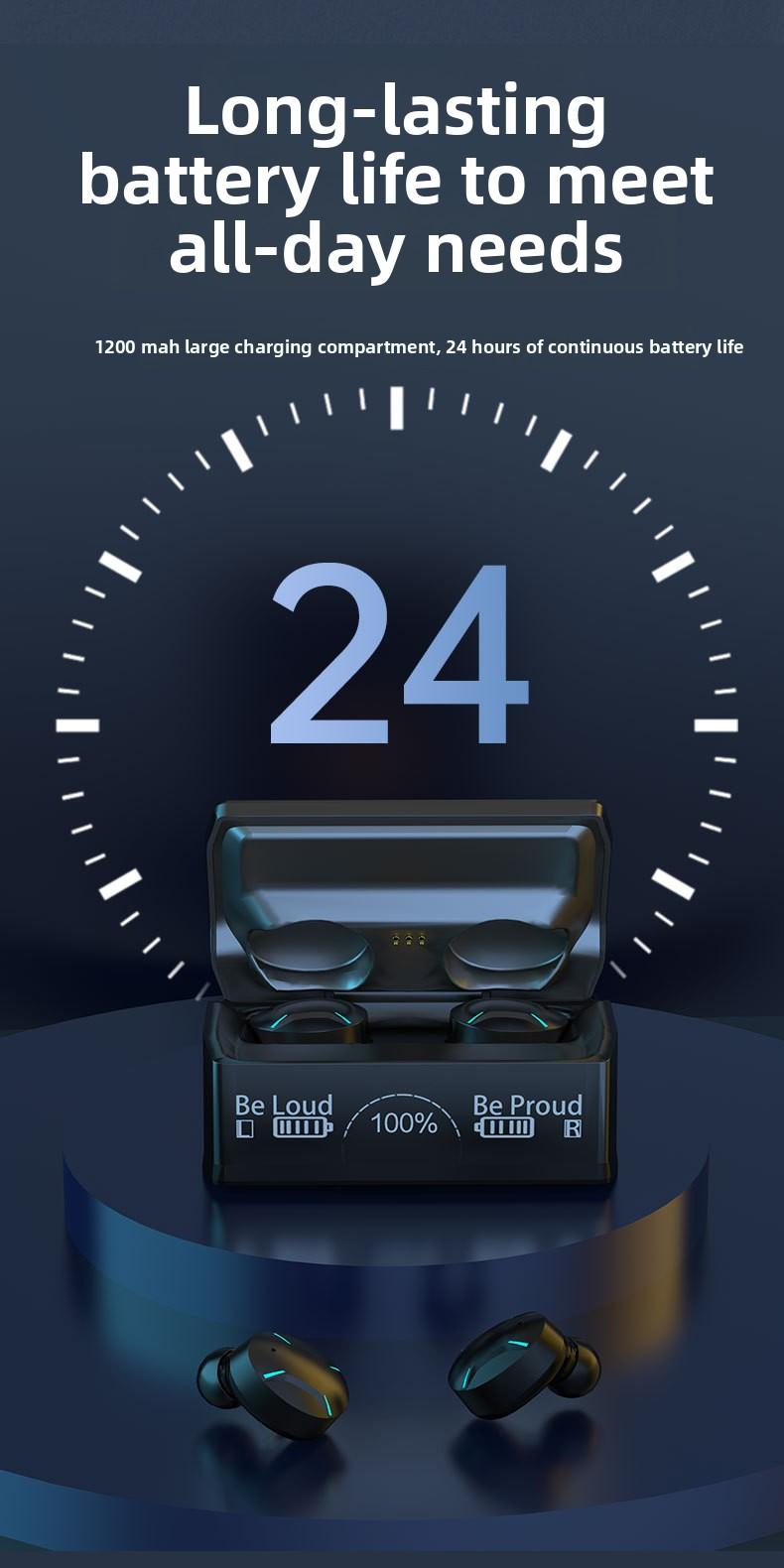 M96 Wireless Bluetooth Earphones with Digital Display Screen, In-Ear Gaming Headset, Low Latency, 5.3 Earbuds, Ultra-Long Battery Life