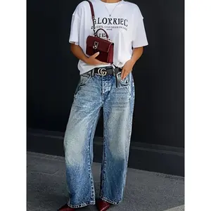 New Fourseaso Collection Blue Women'S Denim Long Pants, Stretch Fabric Comfort Jeans, Heavy Washed Vintage Blue, Allday Comfort, Suitable for Casual Wear, Commuting And Dating, Women'S Long Pants (Belt Not Included)