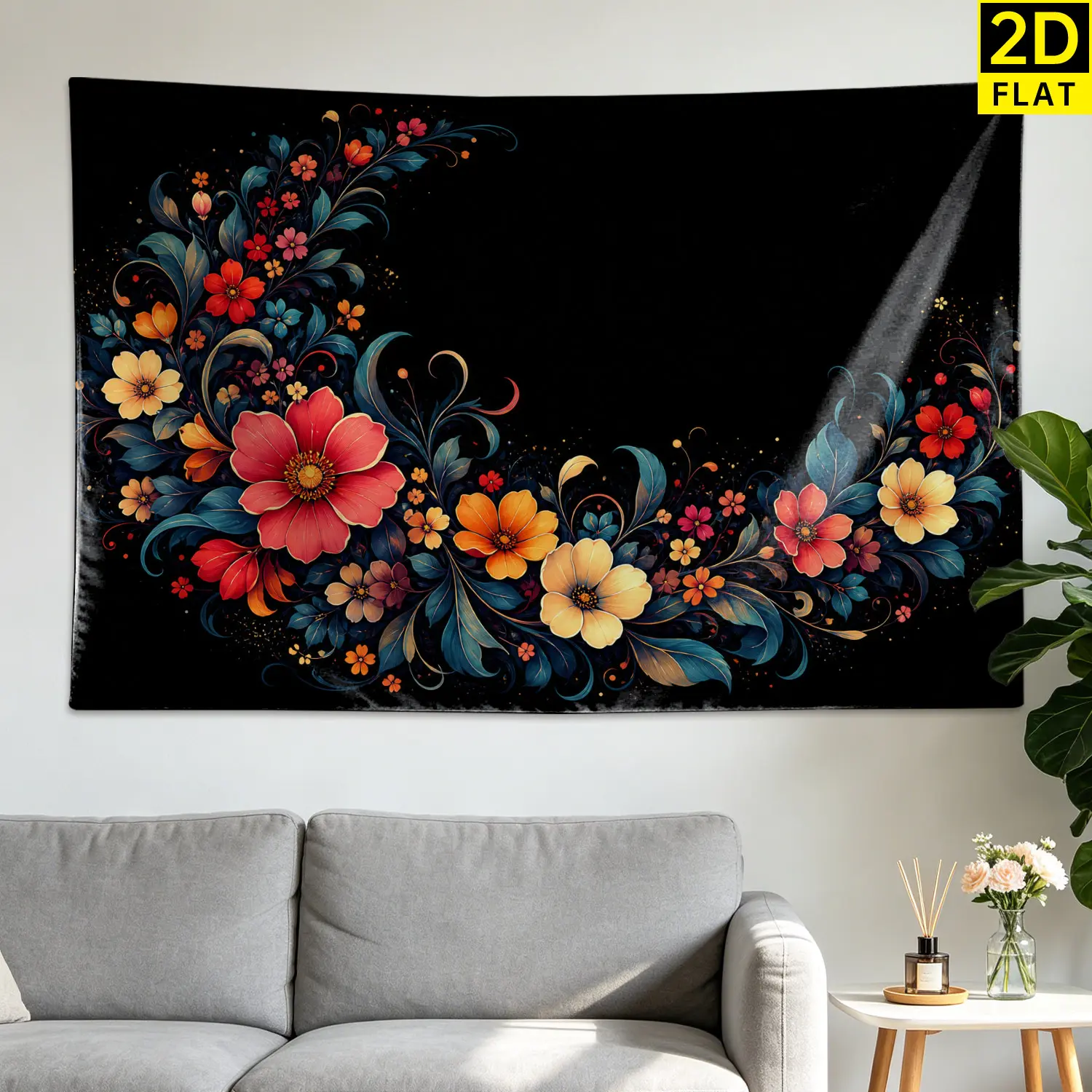 Vintage Bohemian Floral Black Background Wall Tapestry - Large Printed Horizontal Polyester Wall Artwork, Decor for Living Room, Room Decor, No-Installation Indoor-Outdoor Gift for Family