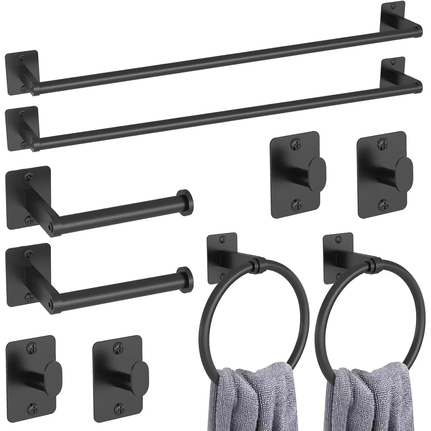 10 Pieces Bathroom Accessories Set, Bathroom Hardware Set, 24 inch Towel Bar, Towel Racks for Bathroom, Robe Towel Hooks, Toilet Paper Holder Wall Mounted, Black