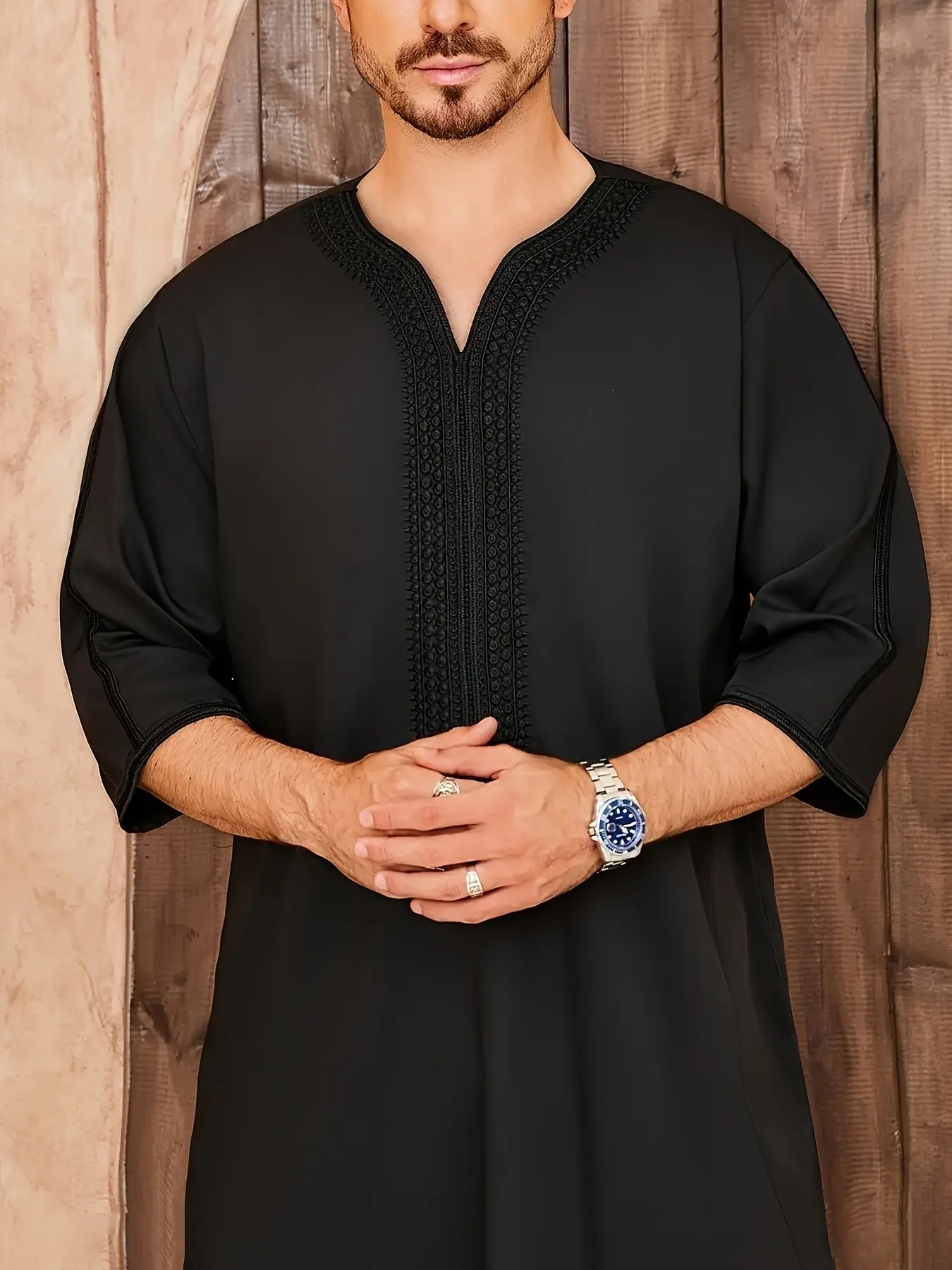 Men's Arabic Traditional Long Robe, Elegant Chest Embroidery, Loose Seven-Quarter Sleeve Muslim Prayer Dress, Ramadan Eid Festival Wear
