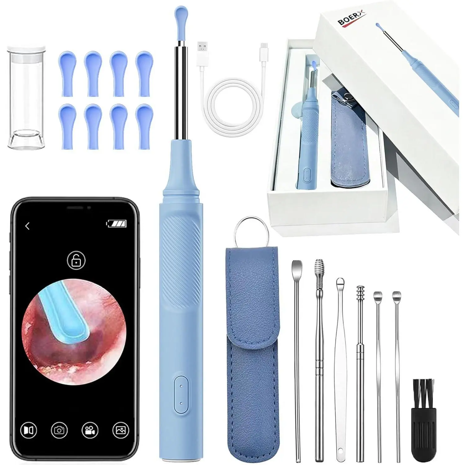 Visual Ear Wax Removal Tool, 1080P Ear Camera with 6 LED Lights, Complete Ear Cleaning Kit with 7Pcs Tools & 8 Silicone Tips, Ad-Free WiFi APP Compatible with iOS Android | Multi-Use for Ear Nose Mouth Inspection, Premium Gift Box Packaged, Blue