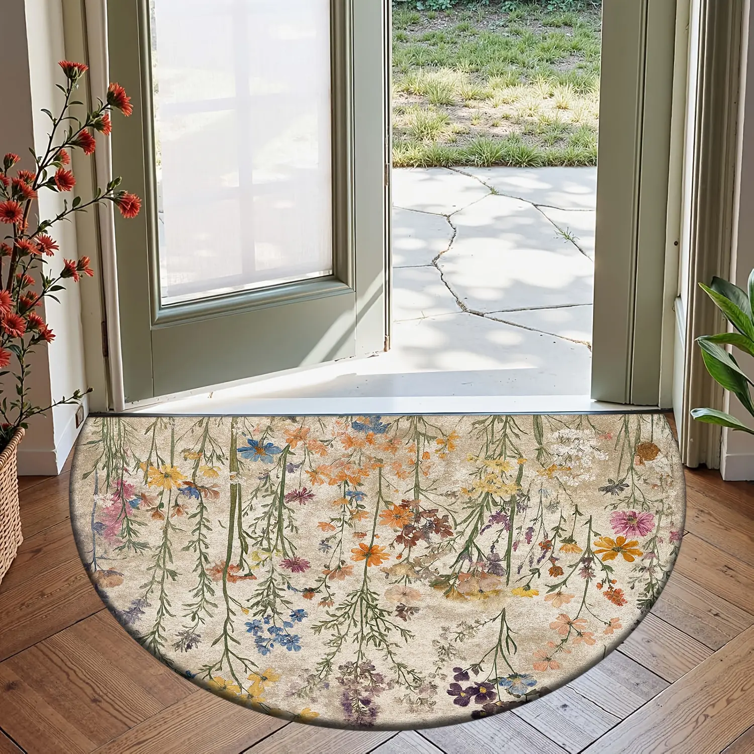 High-end, retro, colorful floral print, semi-circular Flannel water-resistant door mat.Suitable for use in various settings such as bedrooms, kitchens, dining rooms, and bathrooms.Multi-functional floor mat, holiday decoration, entrance mat, floor mat.