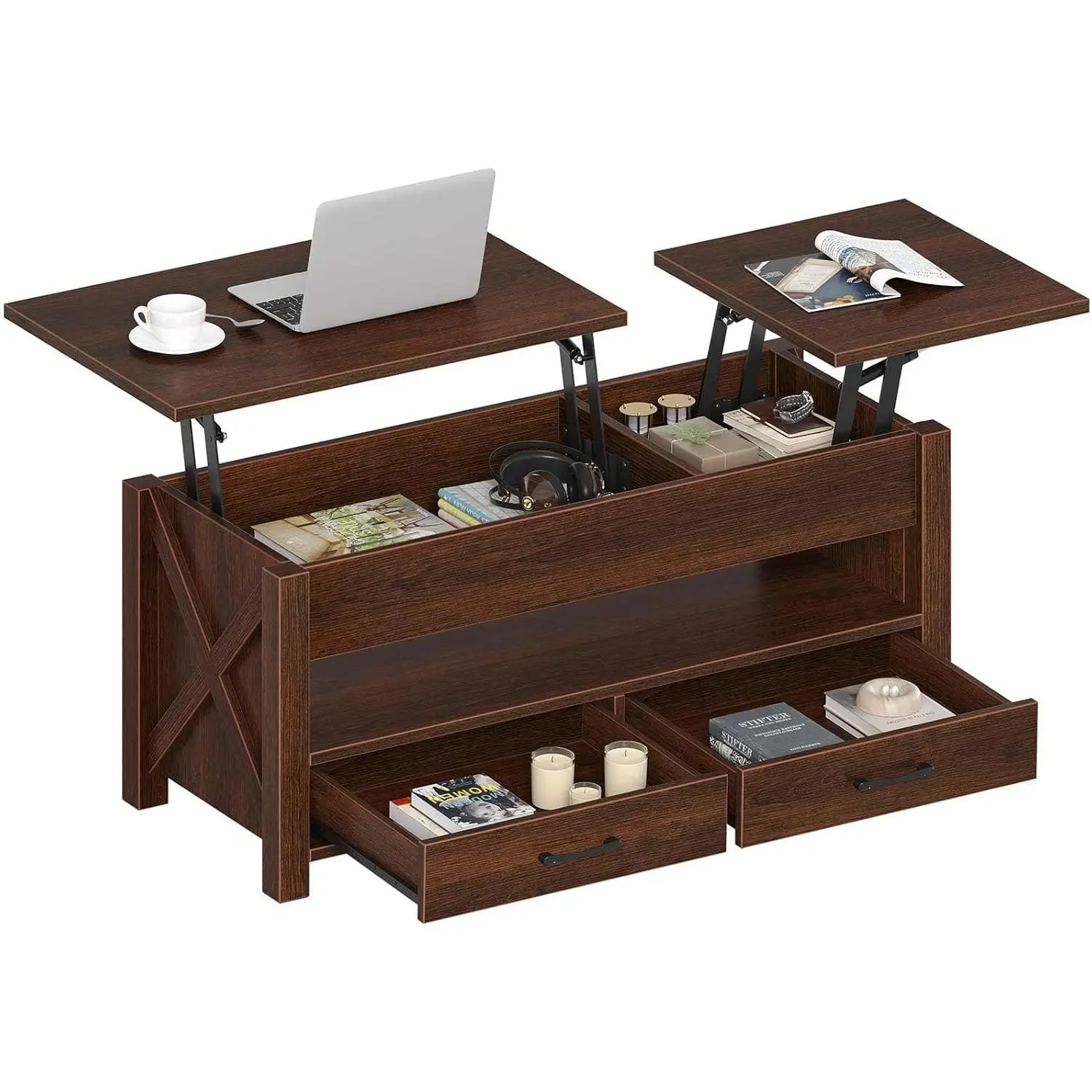 Lift Top Coffee Table with Hidden Storage, 47" Farmhouse Center Table with Two Drawers & Adjustable Wooden Tabletop for Living Room (Espresso, Antique Walnut)