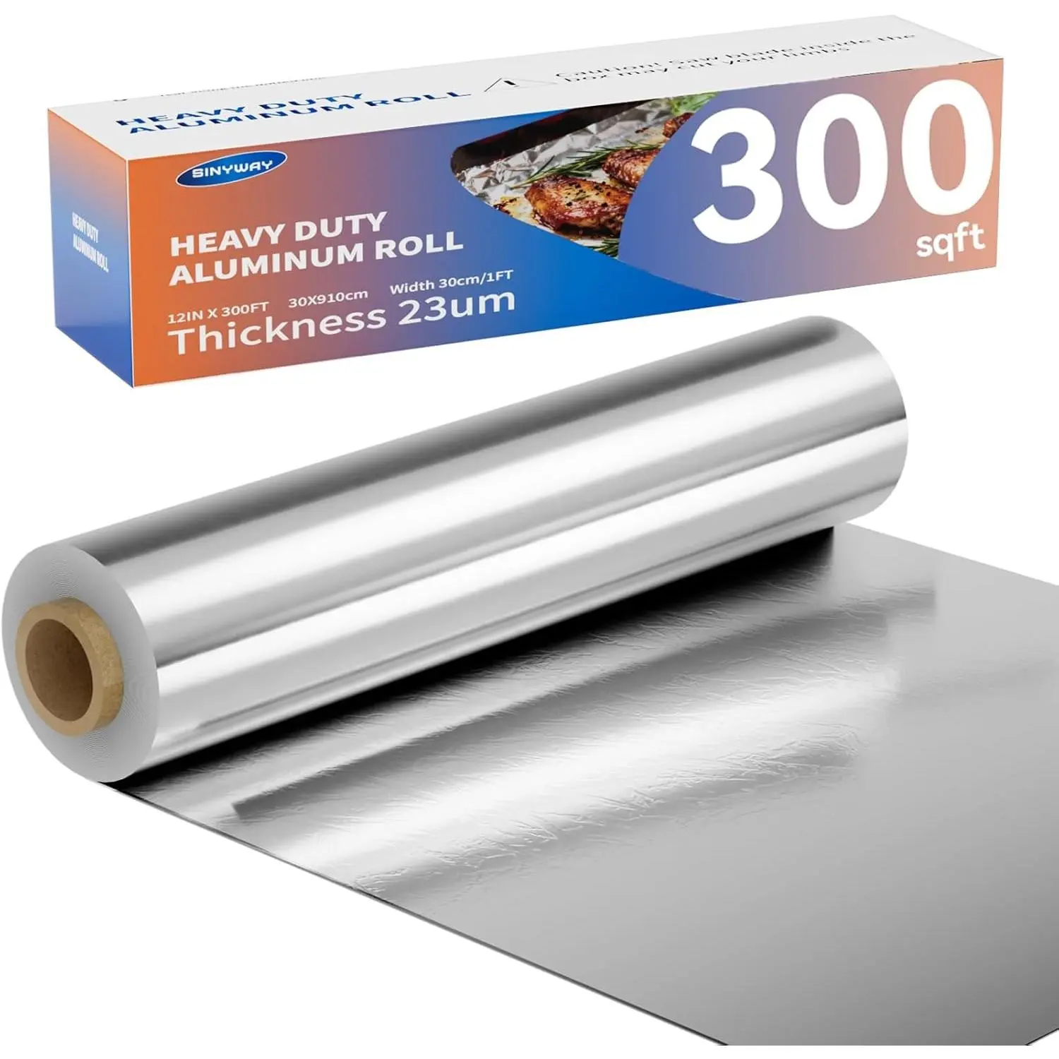 23um Heavy Duty Aluminum Foil Roll 12 In x 300 SqFt, Non-Stick Tin Foil Wrap with Cutter Box for Cooking, Baking, Grill Grate Coverage & Food Storage