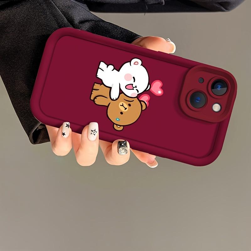 A Stylish And Cute Phone Case Featuring a Wine-Red Background with Adorable Bear Illustrations, Compatible with Iphone 16, 15, 14, 13, 12, 11 Pro Max, XS, And XR.