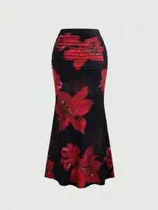 Women's Floral Printed Pleated A-Line Skirt, Fashion Slim Fit Versatile Fish Tail Skirt, Chic Elegant Casual Fitted Skirt, Perfect for Parties, Daily Wear, Casual, Vacation
