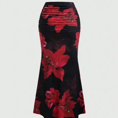 Women's Floral Printed Pleated A-Line Skirt, Fashion Slim Fit Versatile Fish Tail Skirt, Chic Elegant Casual Fitted Skirt, Perfect for Parties, Daily Wear, Casual, Vacation, All Season Skirts