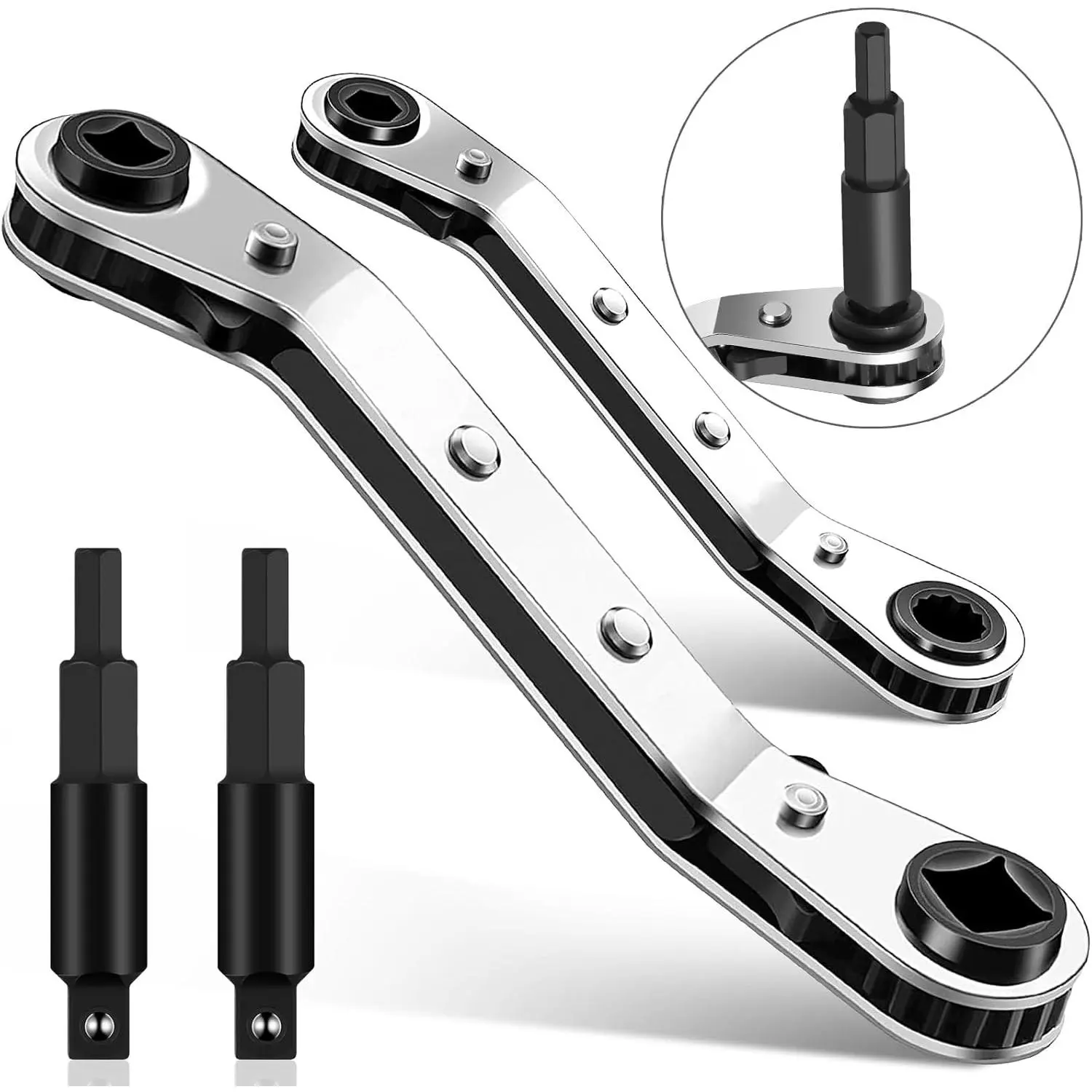 2-piece air conditioner repair wrench set, air conditioner valve ratchet wrench |       HVAC Tools: 3/16" to 3/8" and 5/16"x1/4" repair wrench, equipped with 2 hexagonal drill bit adapters, used for air conditioning and refrigeration equipment repairs