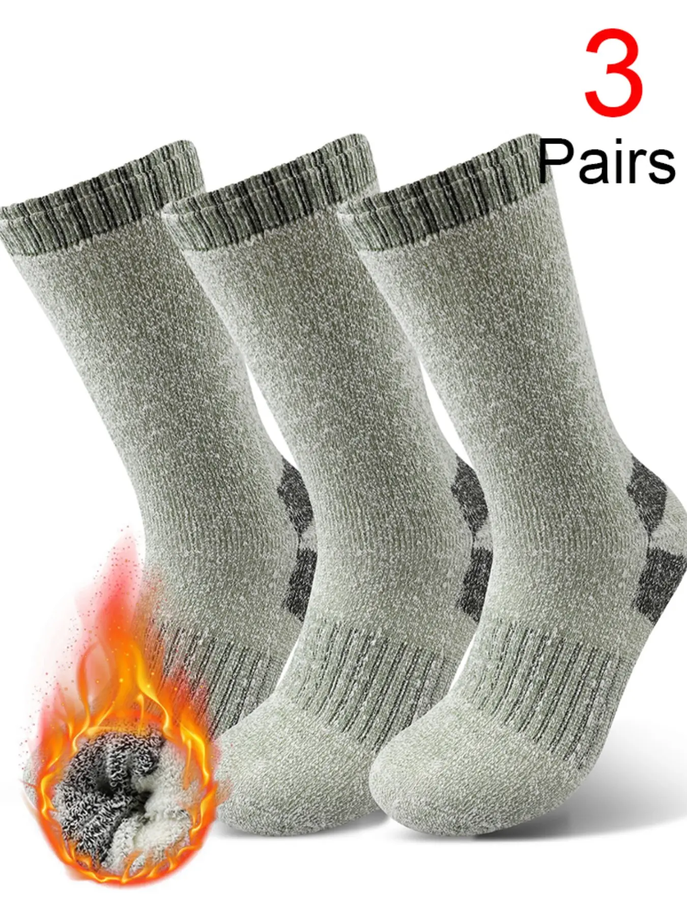 3 Pairs Men's Thick Fleece Lined Winter Thermal Solid Socks Warm Knit Mid Calf Socks for Cold Weather
