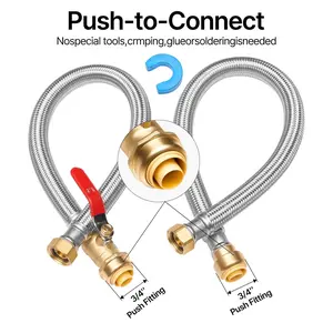Water Heater Kit With Push-Fit Valve And Flexible Connector, 3/4 FIP To 3/4 PTC Ball Valve, Stainless Steel Braided Water Heater Supply Line For Bathroom, Kitchen And Laundry Room Plumbing Installations