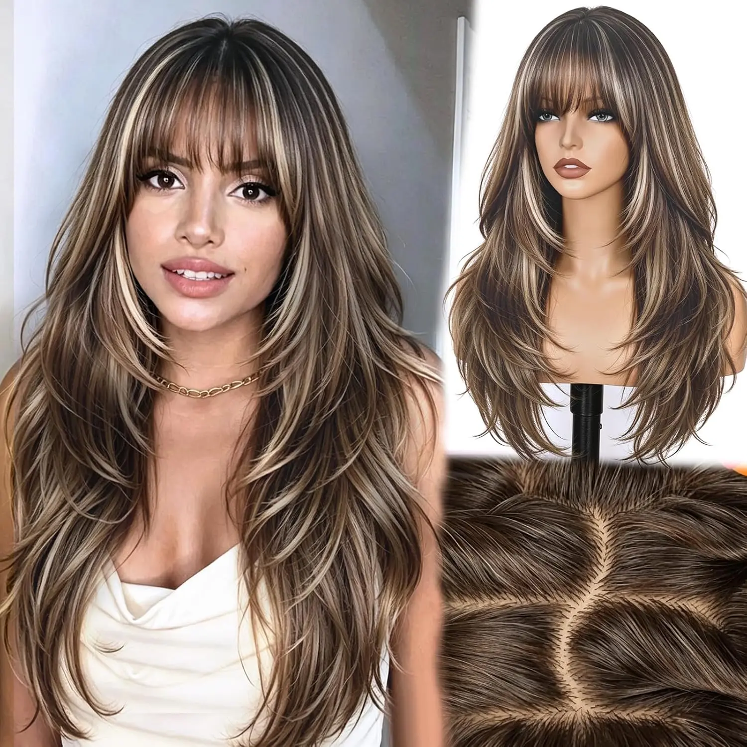 4x4 Realistic Scalp,Free Parting Layered Wig,Long Brown Mix Blonde Highlight Wig with Bangs for Women 26 Inch Layered Hairstyle Synthetic Heat Resistant for Daily Party Use