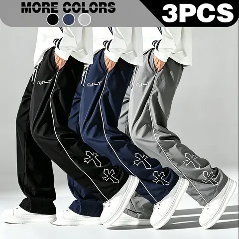 Men's high street style contrasting color splicing side striped tied wide-leg pants, American retro Los Angeles printed design loose drape sweatpants, multi-color optional thin casual pants are suitable for spring and summer wear