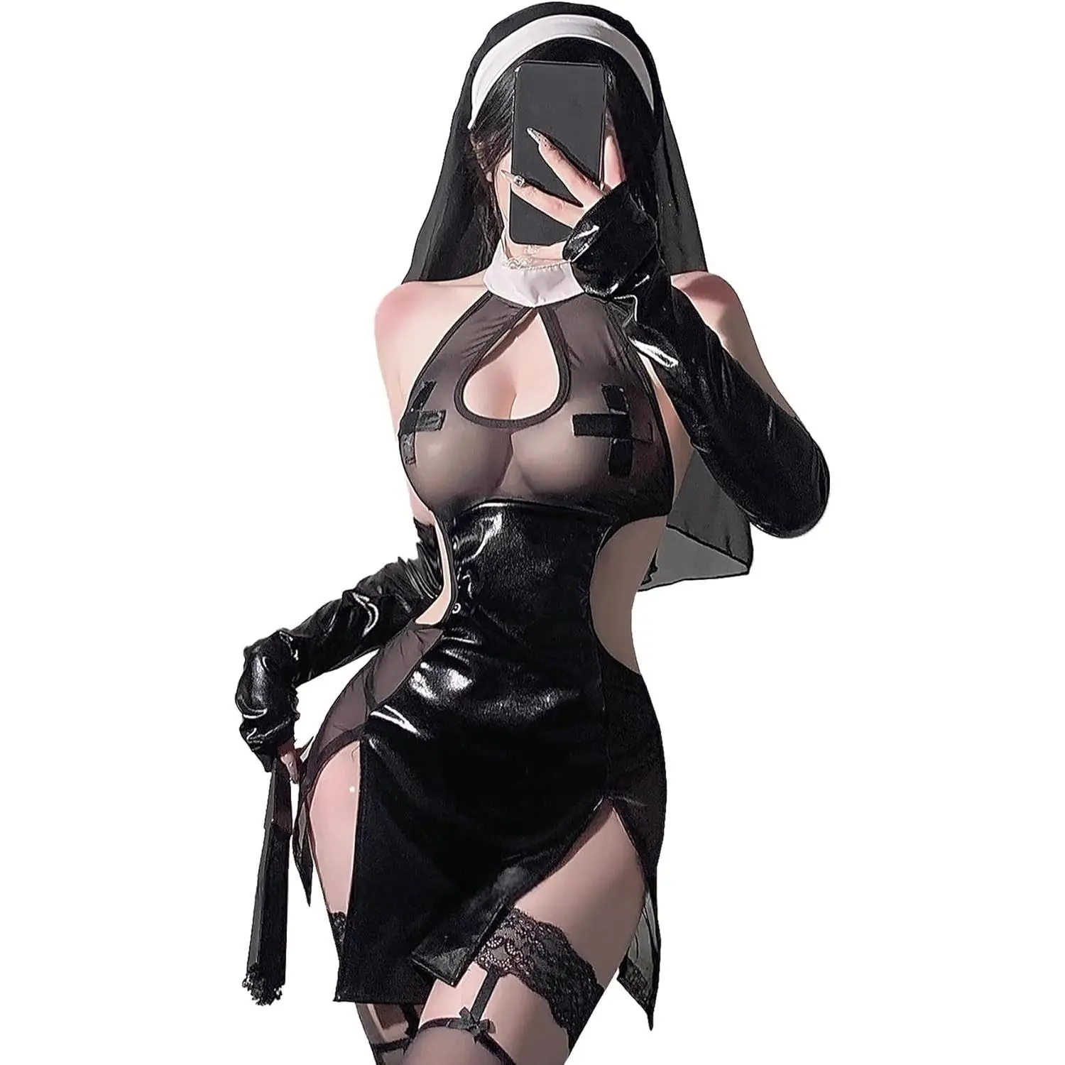Lady's Gothic Nun Cosplay Jumpsuit - High Slit Halloween Roleplay Clothes, Anime-Inspired Lingerie Blouse, Nightclub Accessory Outfit for Women