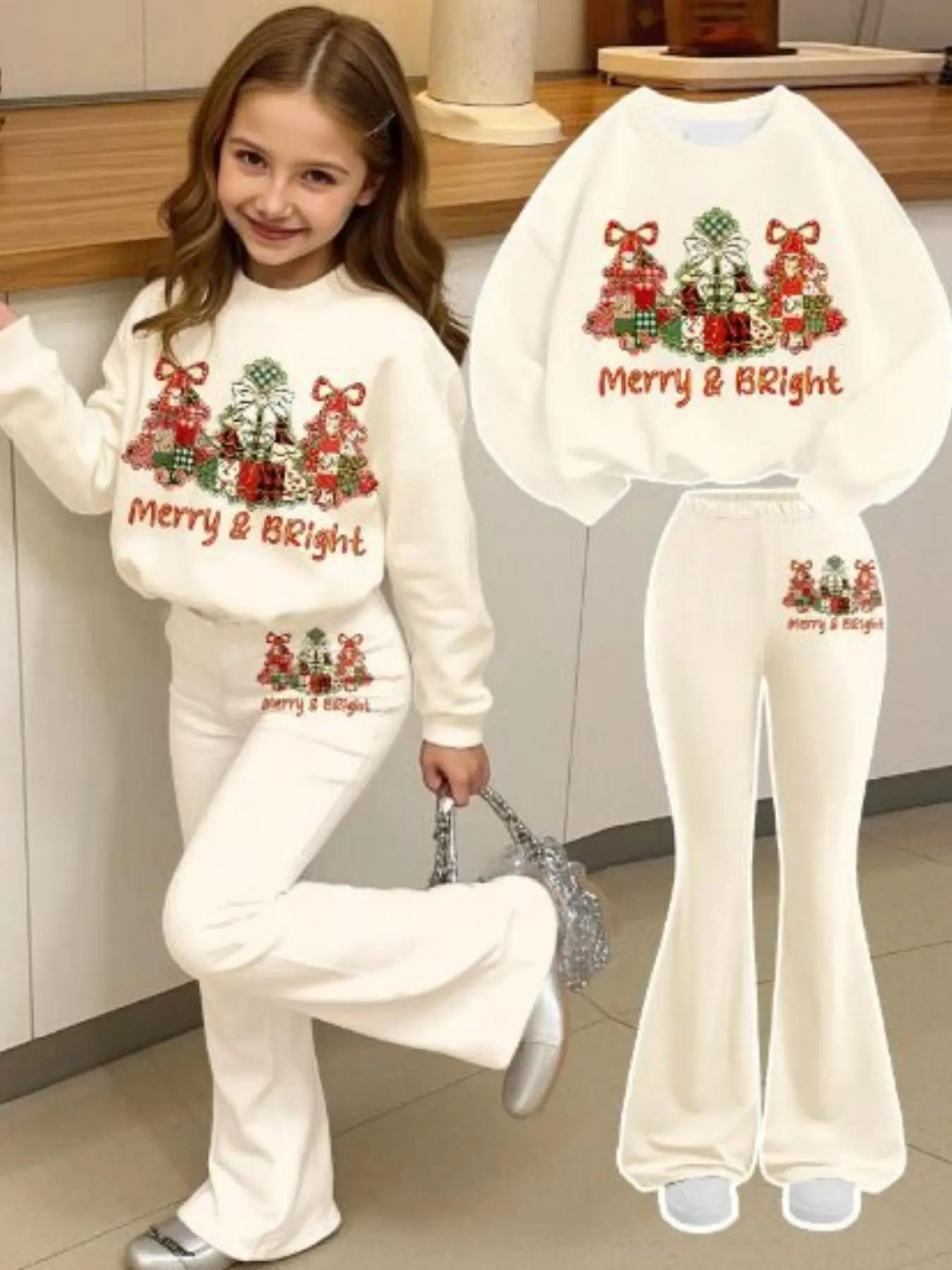Girls' Christmas Suit Set, Merrychristmas Tree Print Round Neck Sweatshirt and Bell Bottom Pants, Casual Loose-Fit Holiday