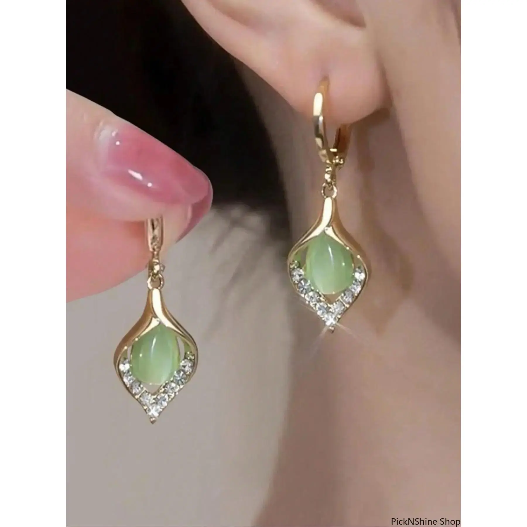 Synthetic Green Opal Dangling Earrings for Women, Elegant Teardrop Design with a Sparkly Rhinestone Halo, Stylish for Daily or Party Wear, Stylish Jewelry, Sparkle, Drop Earrings, Female, Rhinestones