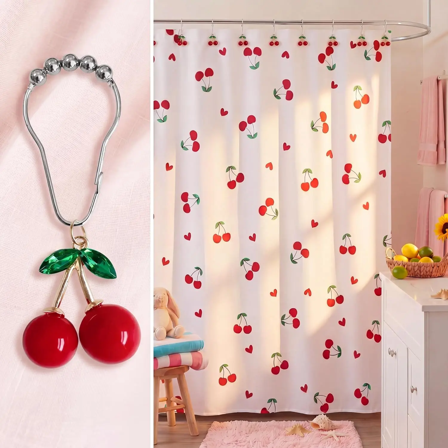 72" x 72" Red Cherry Heart Shower Curtain with 12 Pcs Cherry Hooks Cherrys Pattern Bath Curtain Cute Cartoon Fruit Bath Accessories for Kitchen Bathroom Decor Woman Gifts