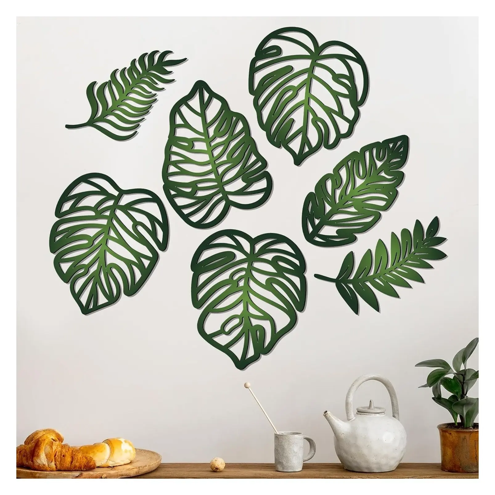7 Pcs Tropical Palm Leaf Monstera Wall Decor Set, Wooden Jungle Botanical Art, Boho Vintage Natural Farmhouse Decor for Home Nursery Kitchen Bathroom, GreenGift