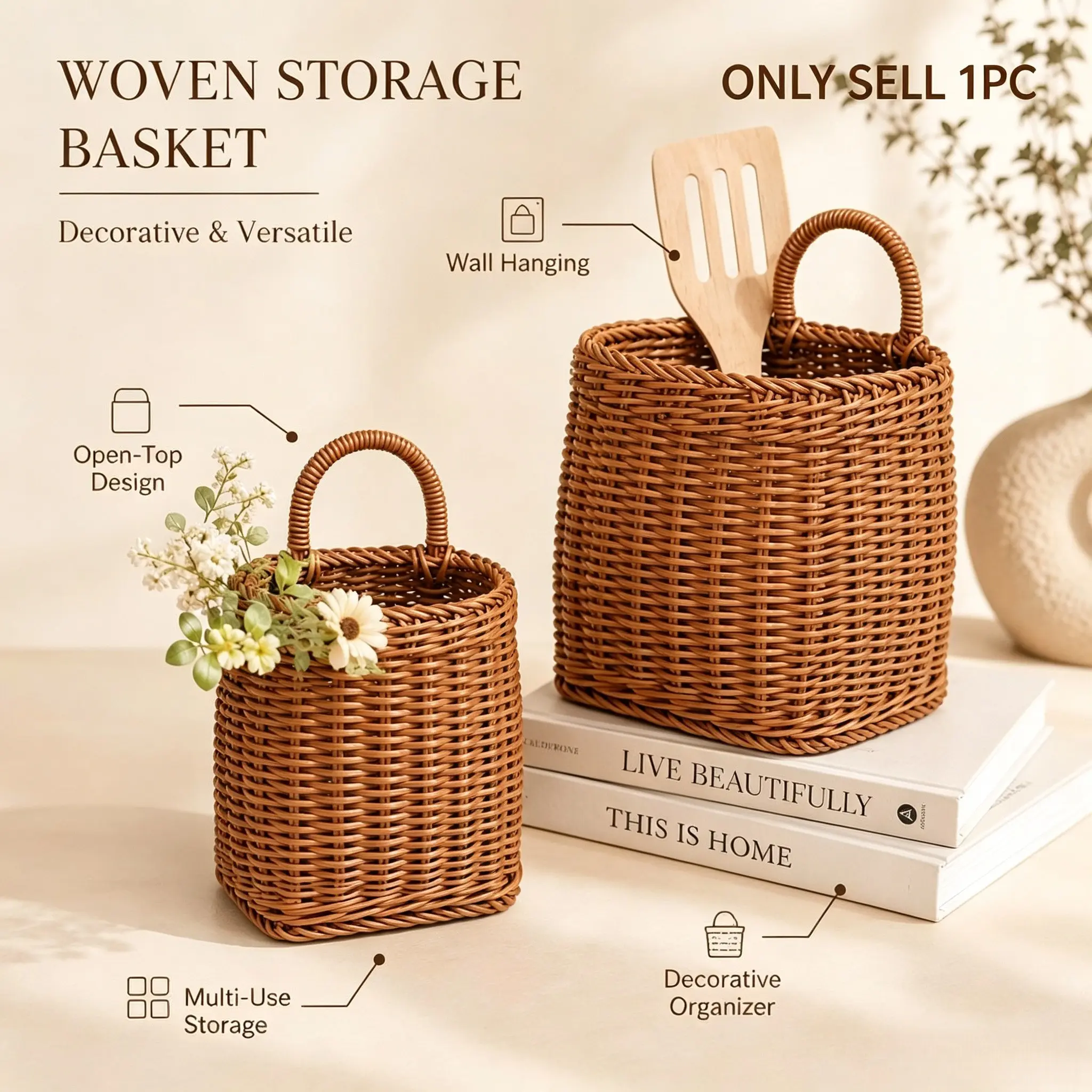 1Pcs Rattan-Look Wall Hanging Storage Basket, Hand-Woven Plastic Wall Mount Organizer, Wall Caddy for Kitchen Spoons, Chopsticks, Fruits, Vegetables, Flowers & Sundries, Farmhouse Home Decor Storage Bin, Space Saving Organizers