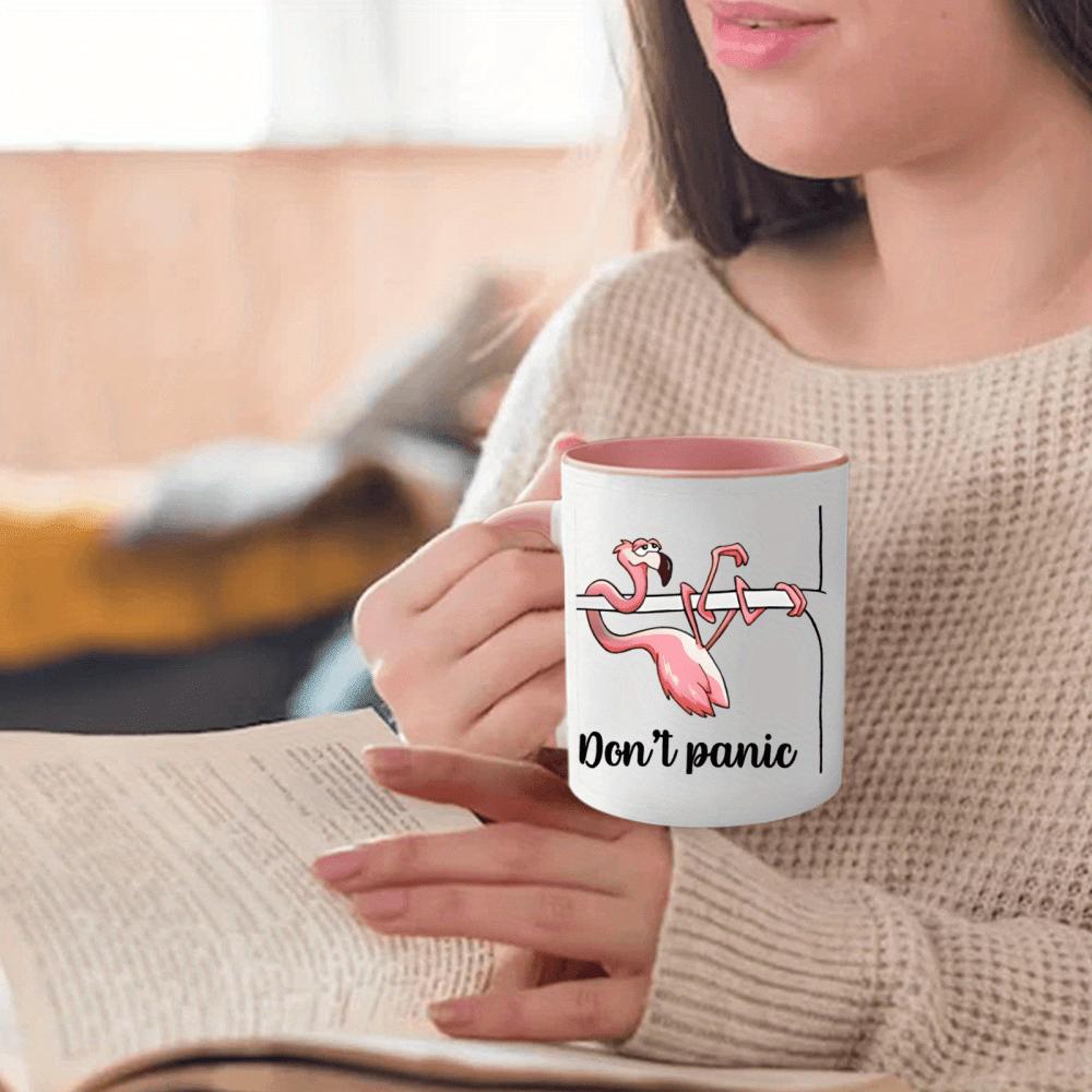 1pc, "Don't panic" Pink Flamingo Ceramic Mug Cup - 11oz 3A Personalized Flamingo Pattern Coffee Mug, Tea Cups, Holiday Anniversary Gifts For Family, Friends, Lovers, Boyfriends, Girlfriends, Daughters, Sons, For Home Kitchen Or Office Use