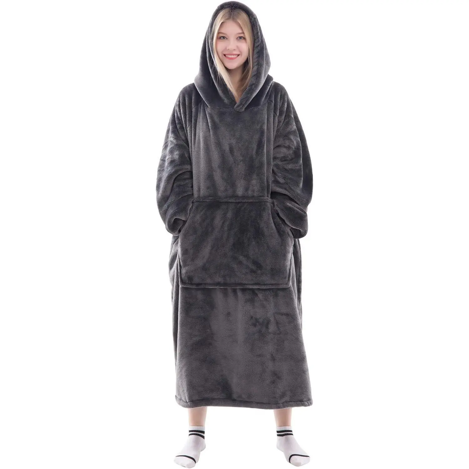Wearable Blanket Sweatshirt Gifts for and Men, Warm and Cozy Giant Blanket Hoodie, Thick Flannel Blanket with Sleeves and Giant - Dark Gray