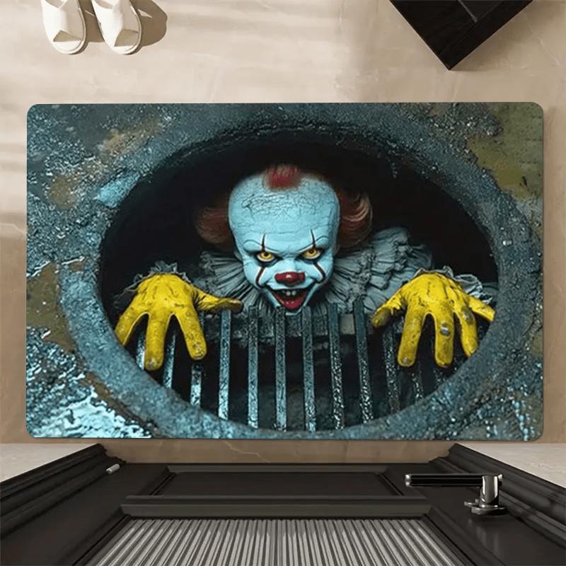 Horror Clown Doormat - 0.4" plush polyester with cracked sewer grate design & red accents. Machine washable, durable for indoor/outdoor use. Perfect for Halloween, Christmas, or gothic decor in bathroom, bedroom, or camping
