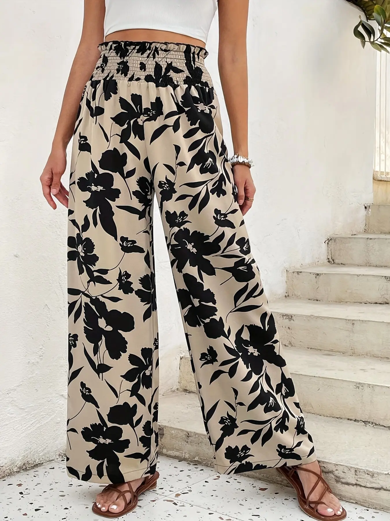 839# Floral Print Elastic Waist Wide Leg Casual Pants, Comfortable and Stylish Bottoms for Everyday Wear, Perfect for Relaxed