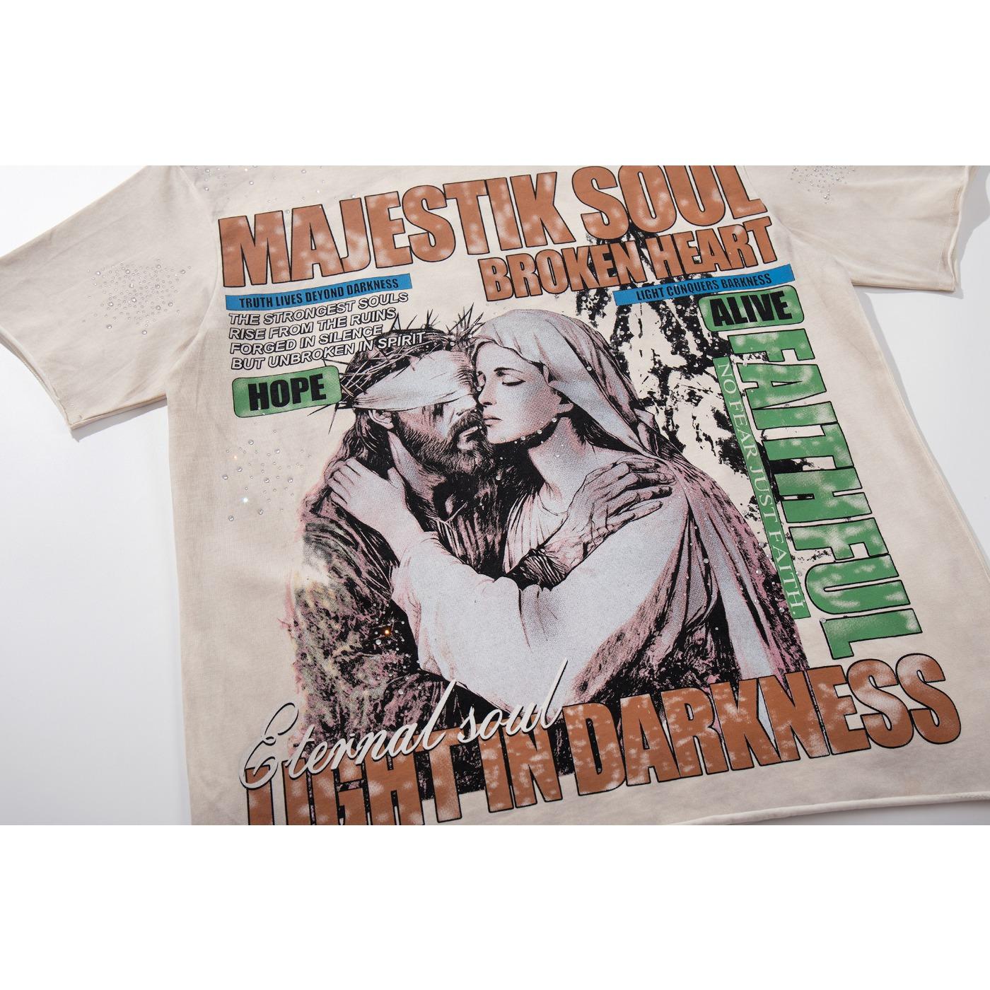MAJESTIK New American High-Street Streetwear, Vintage Washed Distressed Frayed Edges, Heavy Rhinestone Inlay, Jesus & Virgin Mary Graphic Print, Black Y2K Hip Hop Crew Neck Short Sleeve Cotton T-Shirt Tops