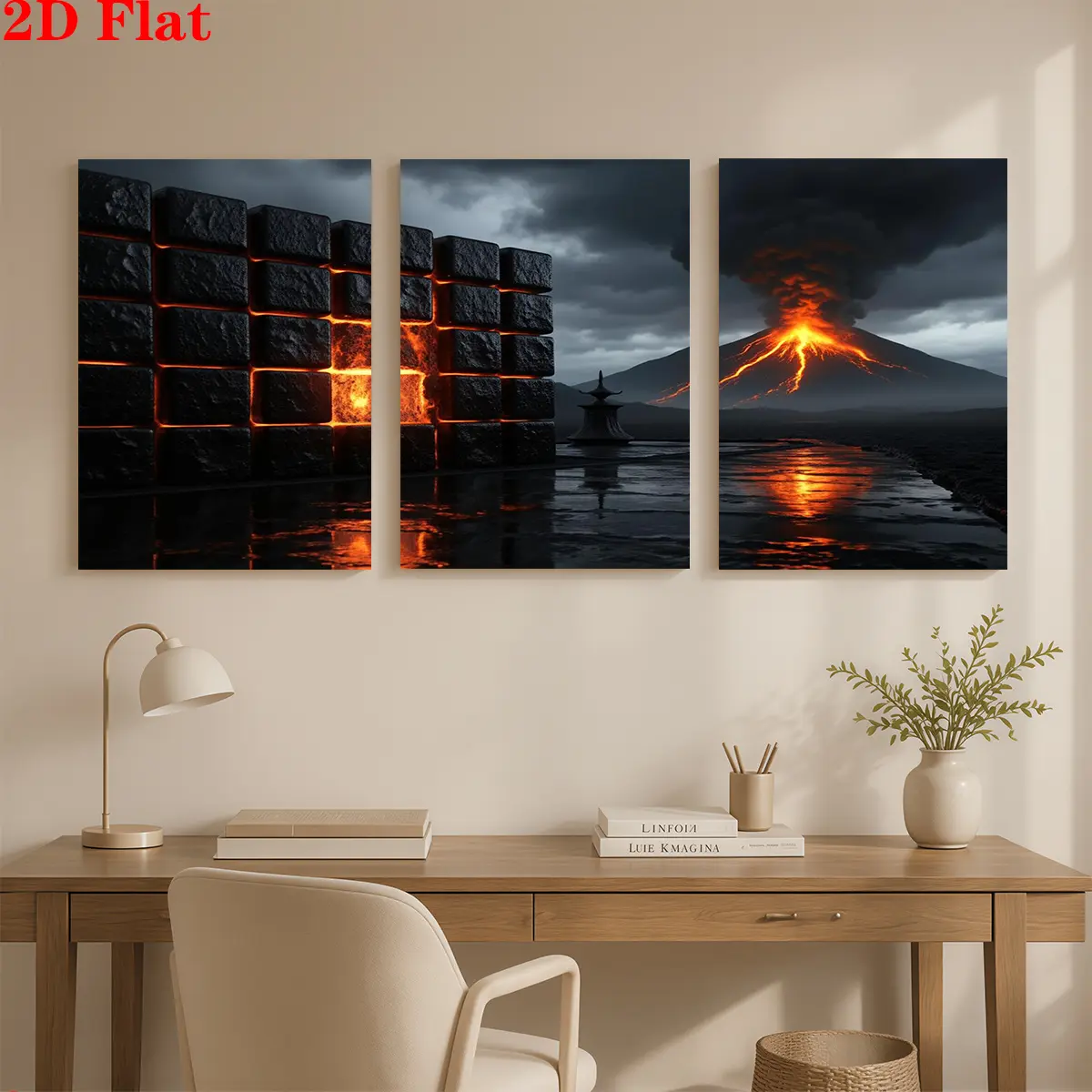 2D 3-Piece Artistic Wood-Framed Canvas Artwork - Hanging Painting with Shimmering Cracks, Dark Clouds & Erupting Volcano, Ideal for Living Room Decor, Christmas Gift