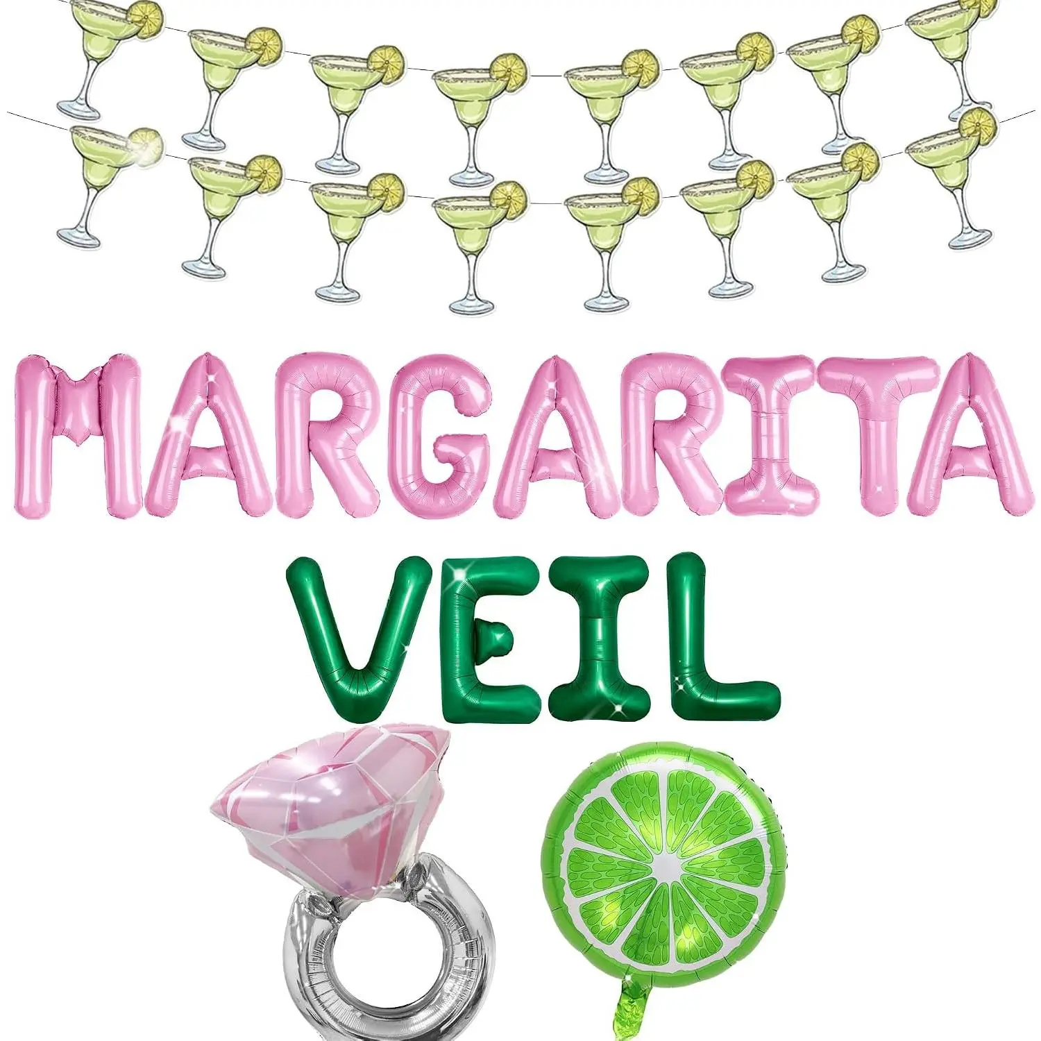 Margaritaveil Balloon Banner Set, Lime Diamond Ring Balloon Decorations with Cocktail Print - Backdrop, Wall Decorating Supplies for Bachelorette, Wedding Celebrations, Multiple