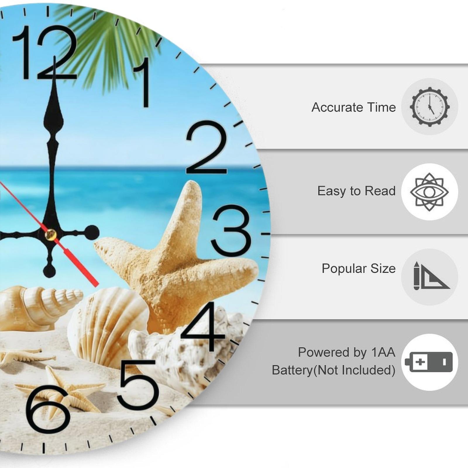 12 Inch Tropical Beach Starfish Seashell Wooden Wall Clock| Silent Non-Ticking Coastal Nautical Decor, Perfect for Bathroom, Beach House, Living Room, Sunroom, No Battery Included