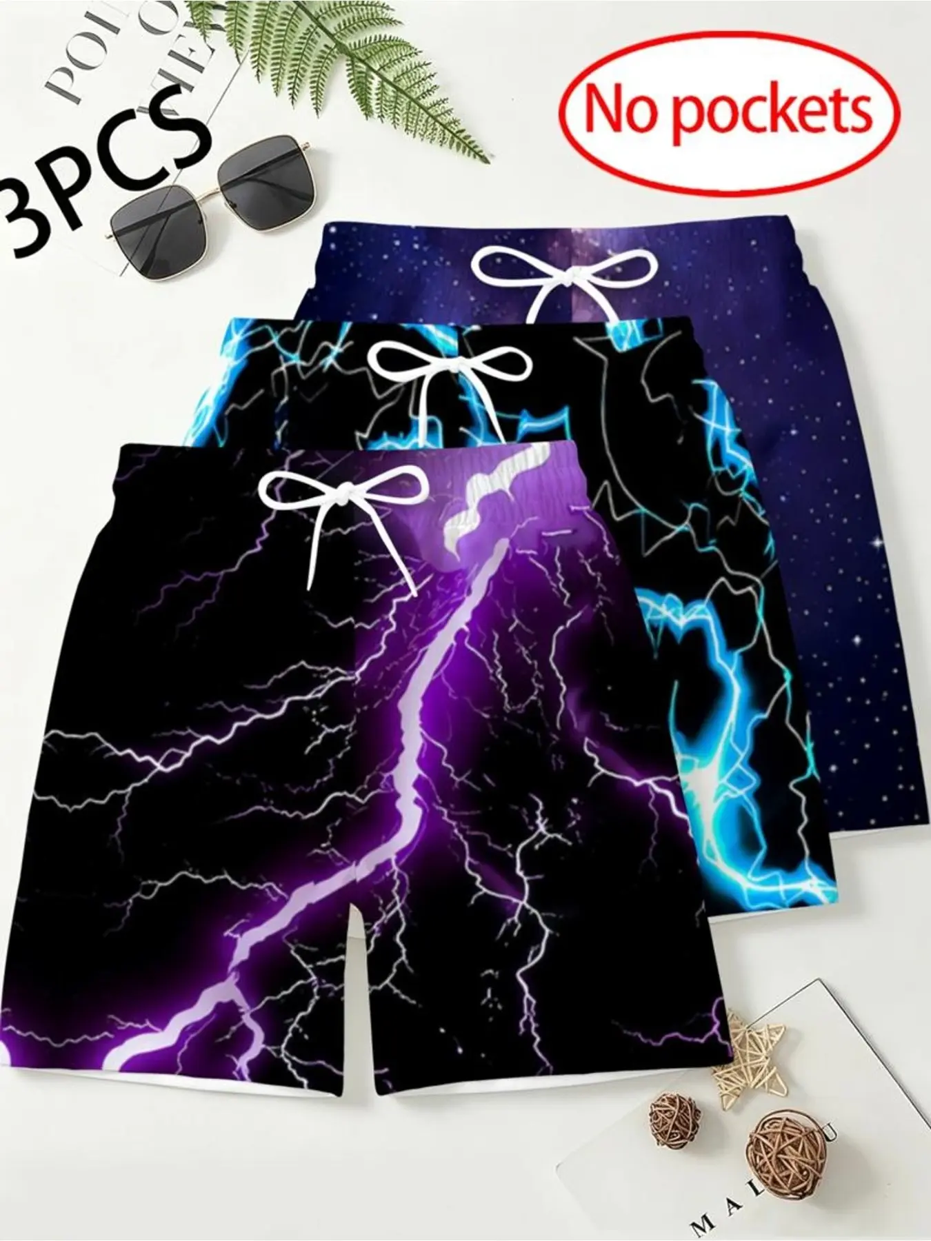 Three-Pack Cool Electric Lightning Galaxy Print Men's Shorts, Summer Lightweight Vacation Casual Beach Pants, Trendy and Comfortable