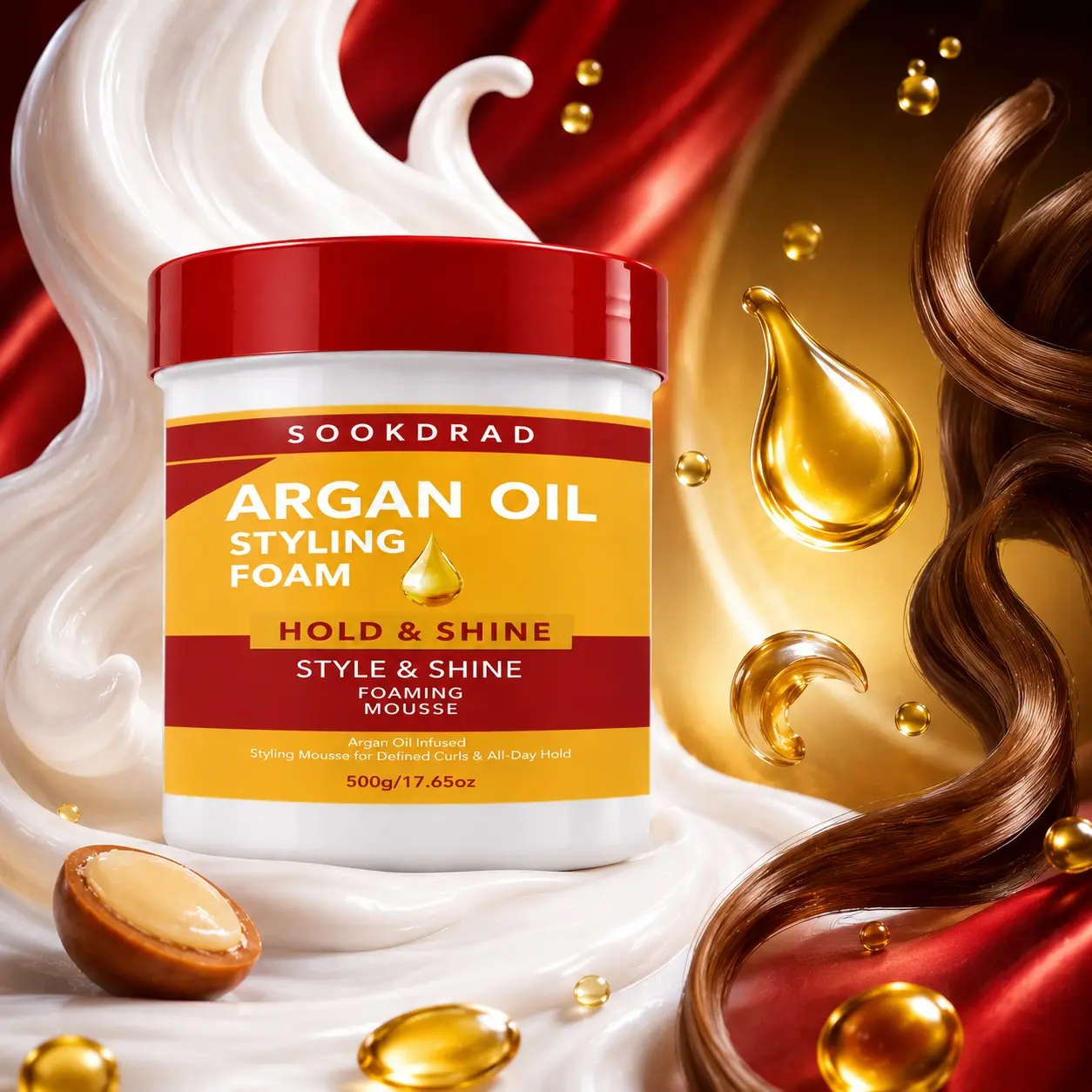 Argan Oil Infused Styling Foam, All-Day Hold, Adds Shine, Defines Curls, Hair Styling, 500g/17.65oz