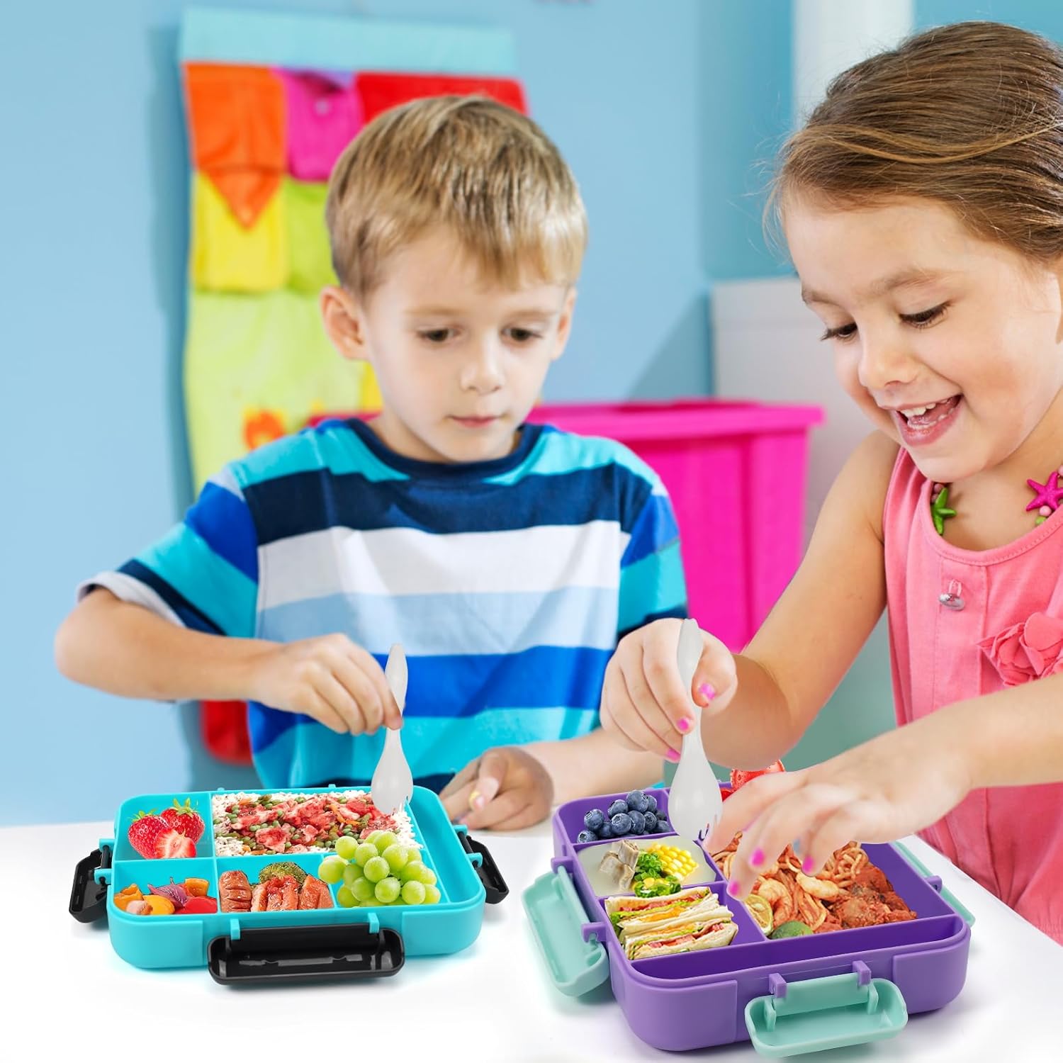 Leakproof Children Lunch Container 5 Compartment Bento Box With Utensils Microwave Safe Dishwasher Safe BPA Free Durable Portable Lunch Box For Kids School Travel Camping Picnic Outdoor Daily Meal Prep