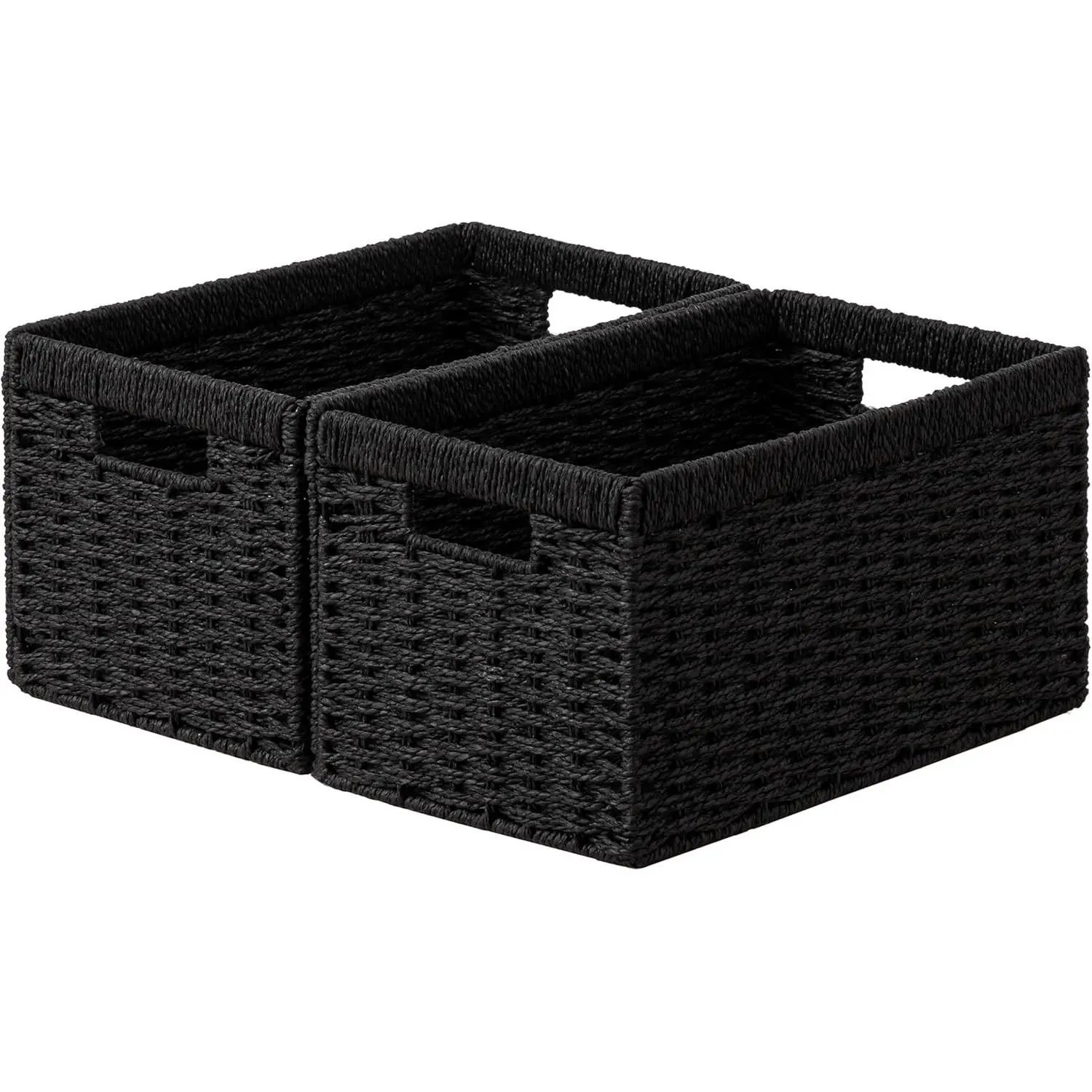 Black Wicker Baskets for Shelves, 13.4L x 8.3W x 7.1H inch Hand-woven Storage Baskets for Pantry Organizing, Foldable Rectangular Bin with Handles, 2-pack