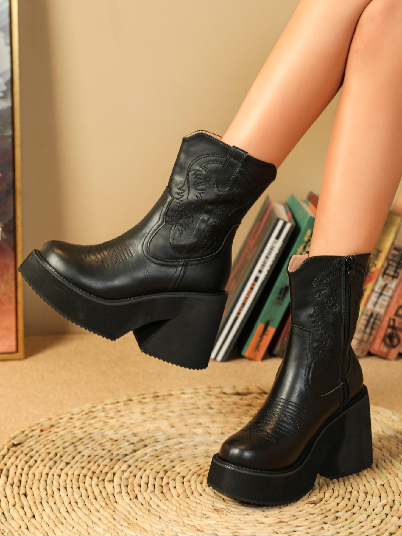 Women's Fashionable Western Embroidered Design PU Leather Boots, Elegant Round Toe Mid-calf Boots, Casual Comfortable Platform Shoes for Daily Wear