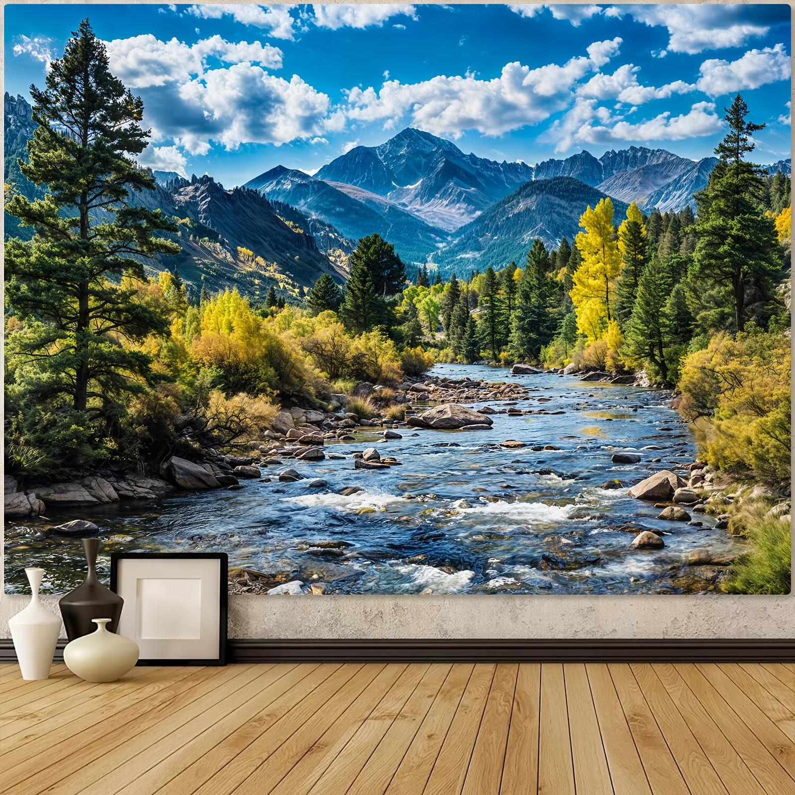 Nature Forest Mountain Tapestry Wall Hanging, Green Pine Tree Scenic Landscape with White Clouds Flowing River, Aesthetic Room Decor for Bedroom Living Room Dorm Office