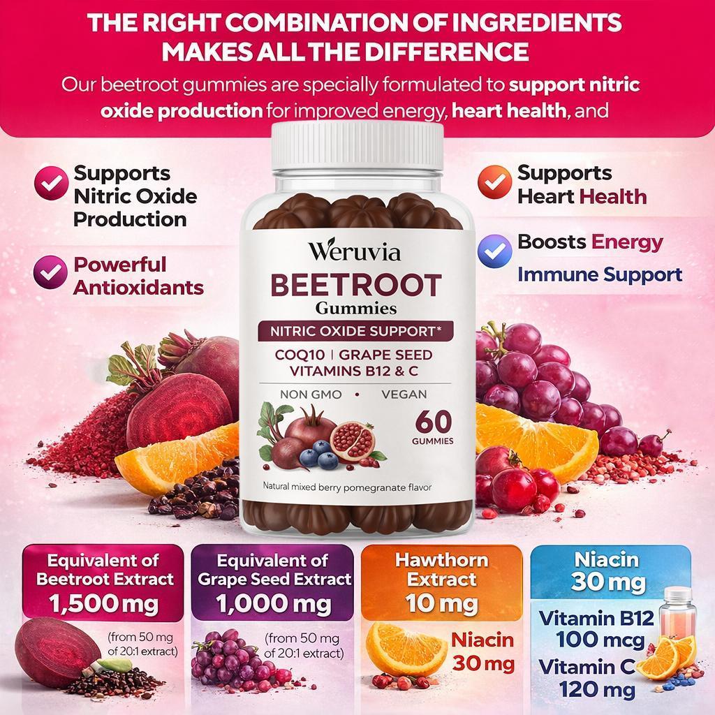 Weruvia Beetroot Gummies – Nitric Oxide Support Supplement with CoQ10, Grape Seed & Vitamins B12 & C – Vegan, Non-GMO – Circulation & Energy Support – Mixed Berry Pomegranate Flavor, 60 Gummies