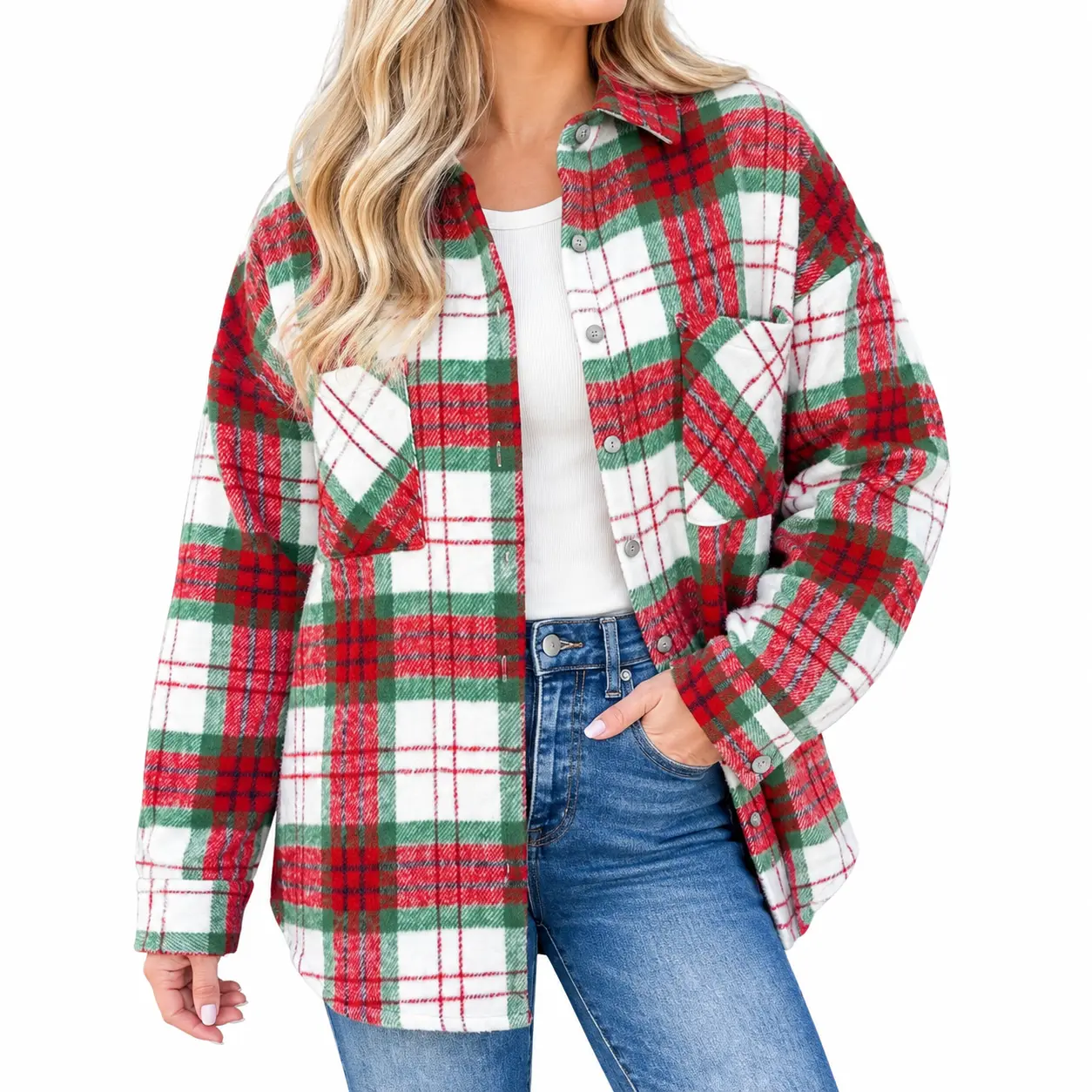 Women's Christmas Plaid Shacket, Oversized Button Down Long Sleeve Flannel Shirt Jacket with Chest Pockets for Fall Winter Holiday Outfits, Plaid Shirt Jacket, Christmas Outfit, Casual Shacket