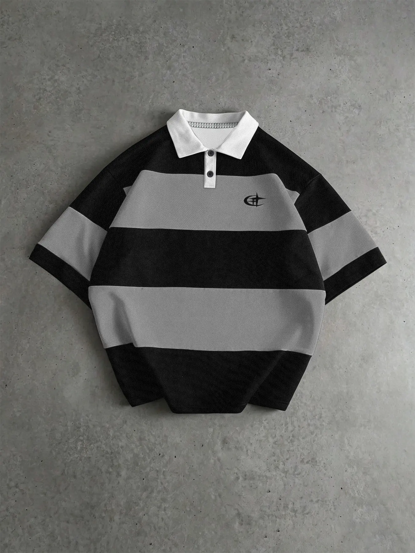American Vintage Wide Striped Polo Mesh Top, Casual Polo Shirts, Small Logo Print, Loose-Fit Casual Short Sleeve Shirt, Comfortable and Stylish
