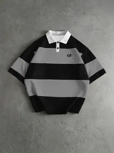 American Vintage Wide Striped Polo Mesh Top, Small Logo Print, Loose-Fit Casual Short Sleeve Shirt, Comfortable and Stylish
