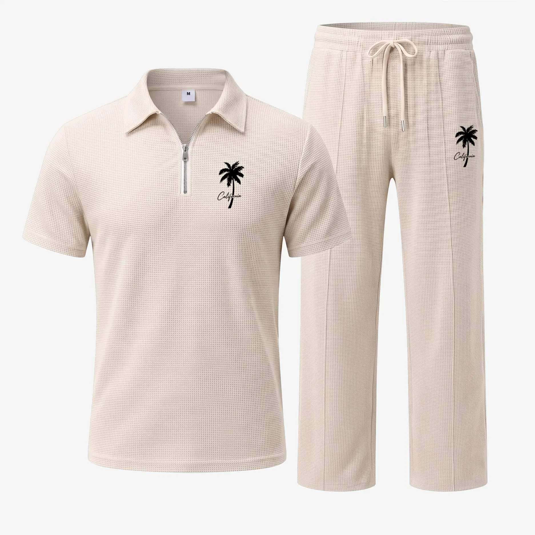 Men’s California Palm Tree Print Waffle Fabric Zip Collar Polo Shirt and Pants Set, Short Sleeve Polo Top with Matching Drawstring Trousers, Casual Two Piece Outfit