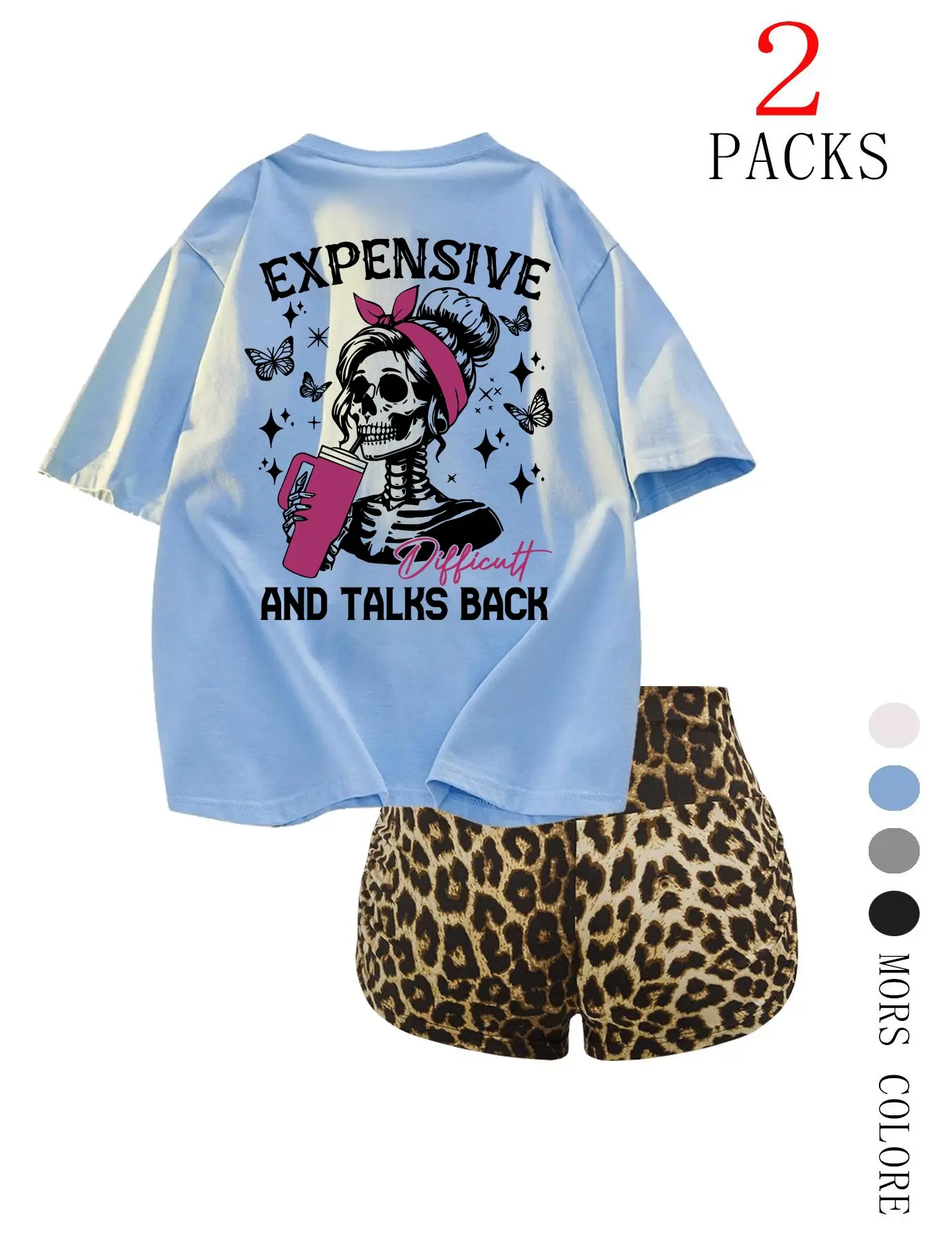 Women's 2-Piece Skull Print Short Sleeve T-Shirt & Leopard High-Waisted Shorts Set, Casual Street Style, Y2K Fashion