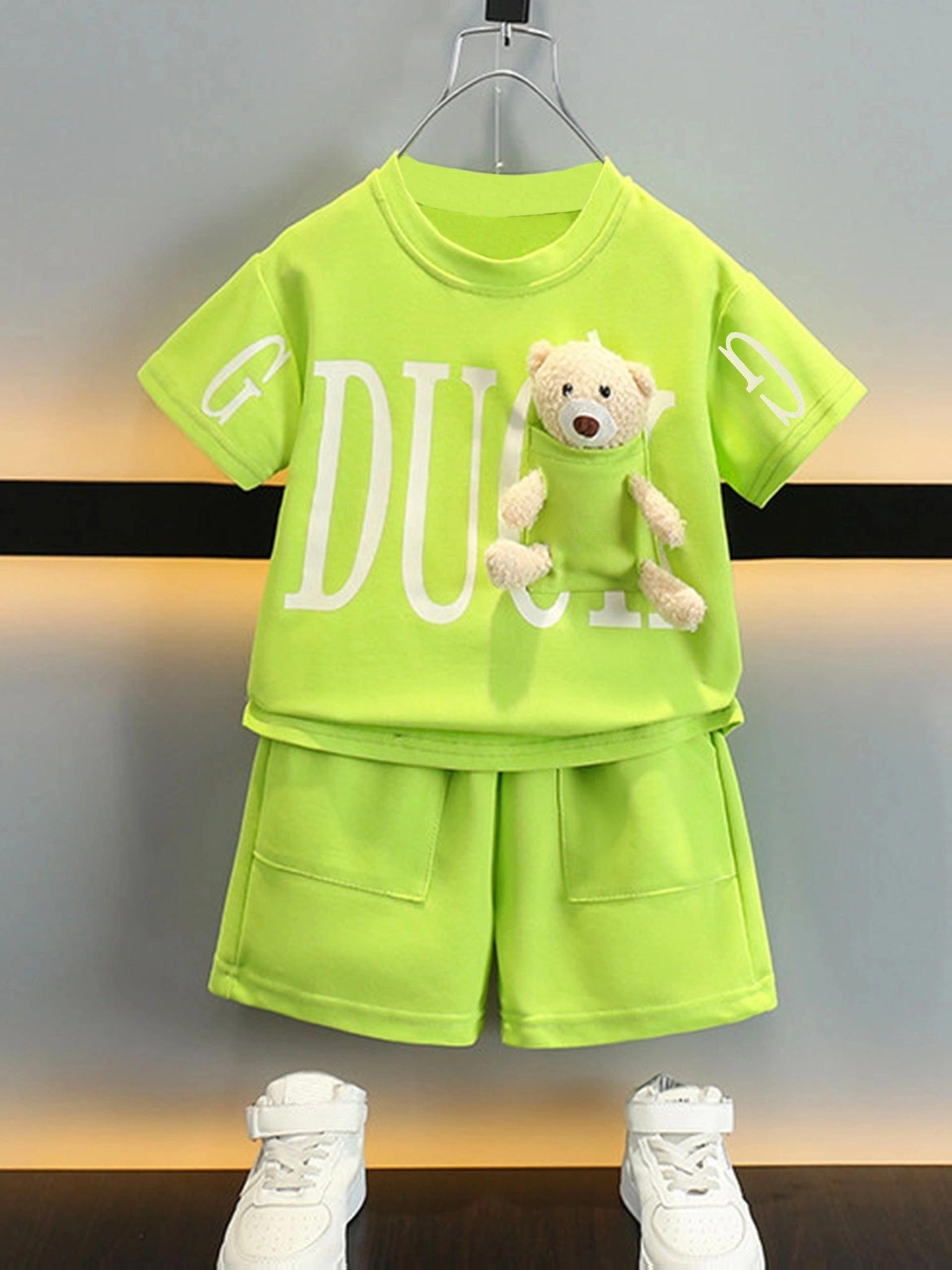 Boys Summer 2pcs Outfit 3D Bear Decor Fluorescent Green Breathable SkinFriendly Fabric Outdoor Play Daily Wear
