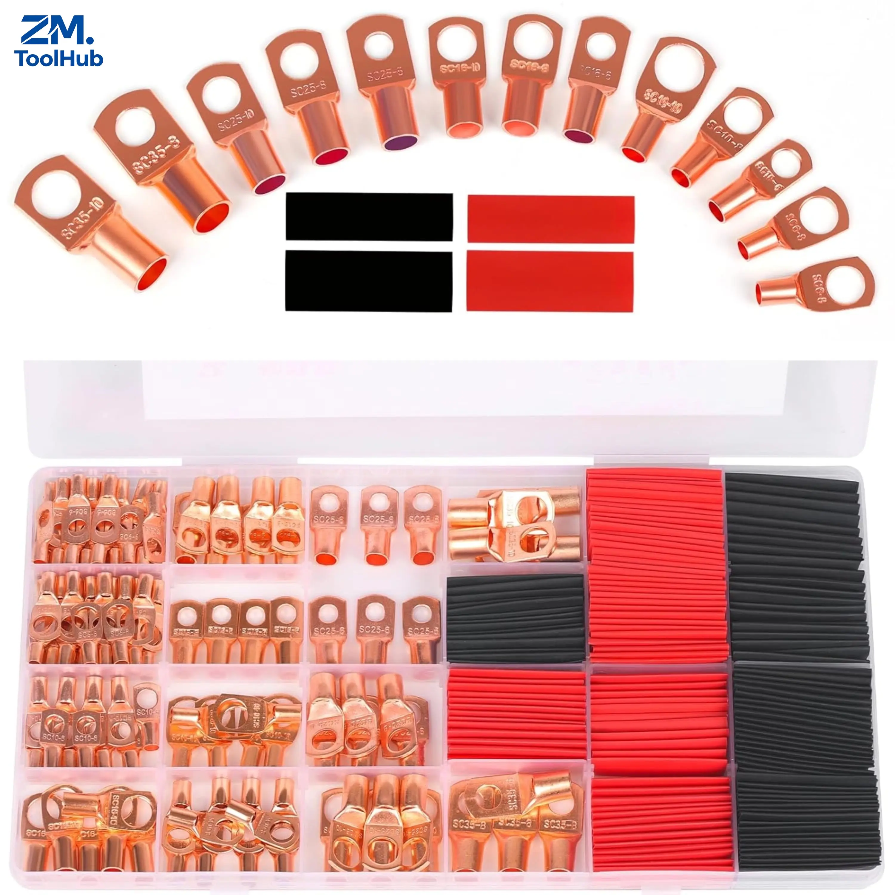 260PCS (120Pcs Lugs+140Pcs Tubing), Fits AWG12 10 8 6 4 2 Cable, Electrical Wiring Terminal Accessories, Bare Copper Ring Terminals Copper Wire Lugs with Heat Shrink Tubing Set