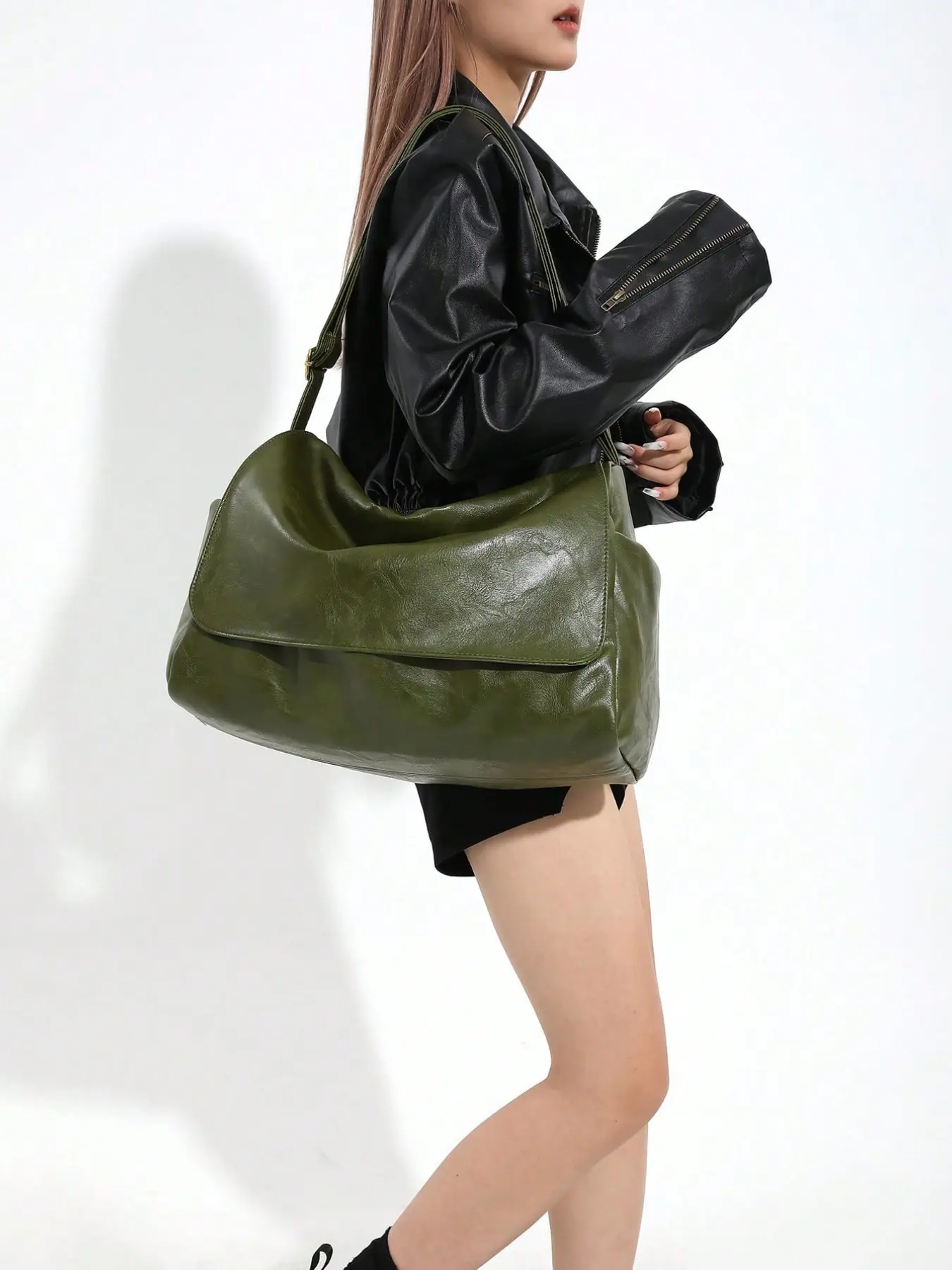 Vintage Olive Green Soft PU Leather Shoulder Tote Bag, Adjustable Wide Strap Oversized Crossbody Bag, Casual Commute Laptop Purse for Women, Suitable for Shopping, Travel, Daily Use