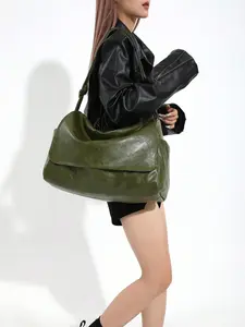 Vintage Olive Green Soft PU Leather Shoulder Tote Bag, Adjustable Wide Strap Oversized Crossbody Bag, Casual Commute Laptop Purse for Women, Suitable for Shopping, Travel, Daily Use